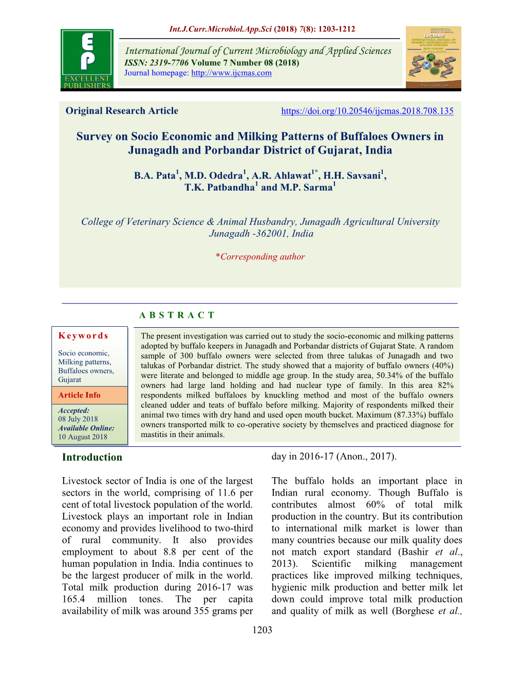 Survey on Socio Economic and Milking Patterns of Buffaloes Owners in Junagadh and Porbandar District of Gujarat, India