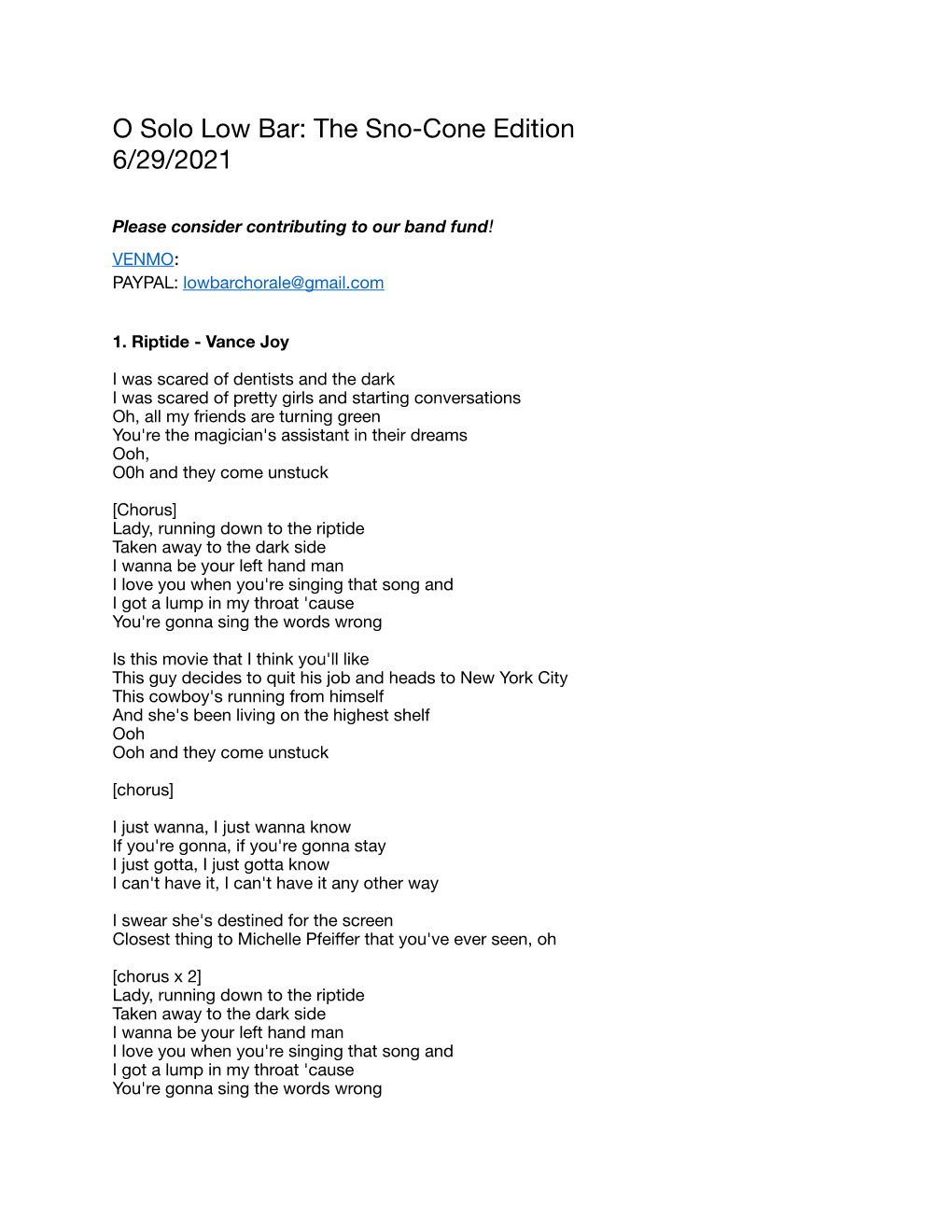 O Solo Low Bar Lyrics 6-29-21