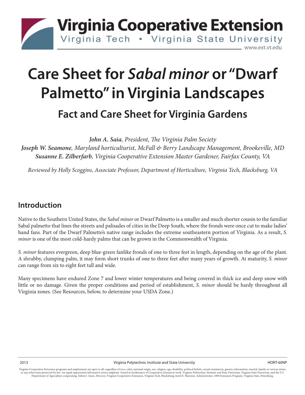 Care Sheet for Sabal Minor Or “Dwarf Palmetto” in Virginia Landscapes Fact and Care Sheet for Virginia Gardens