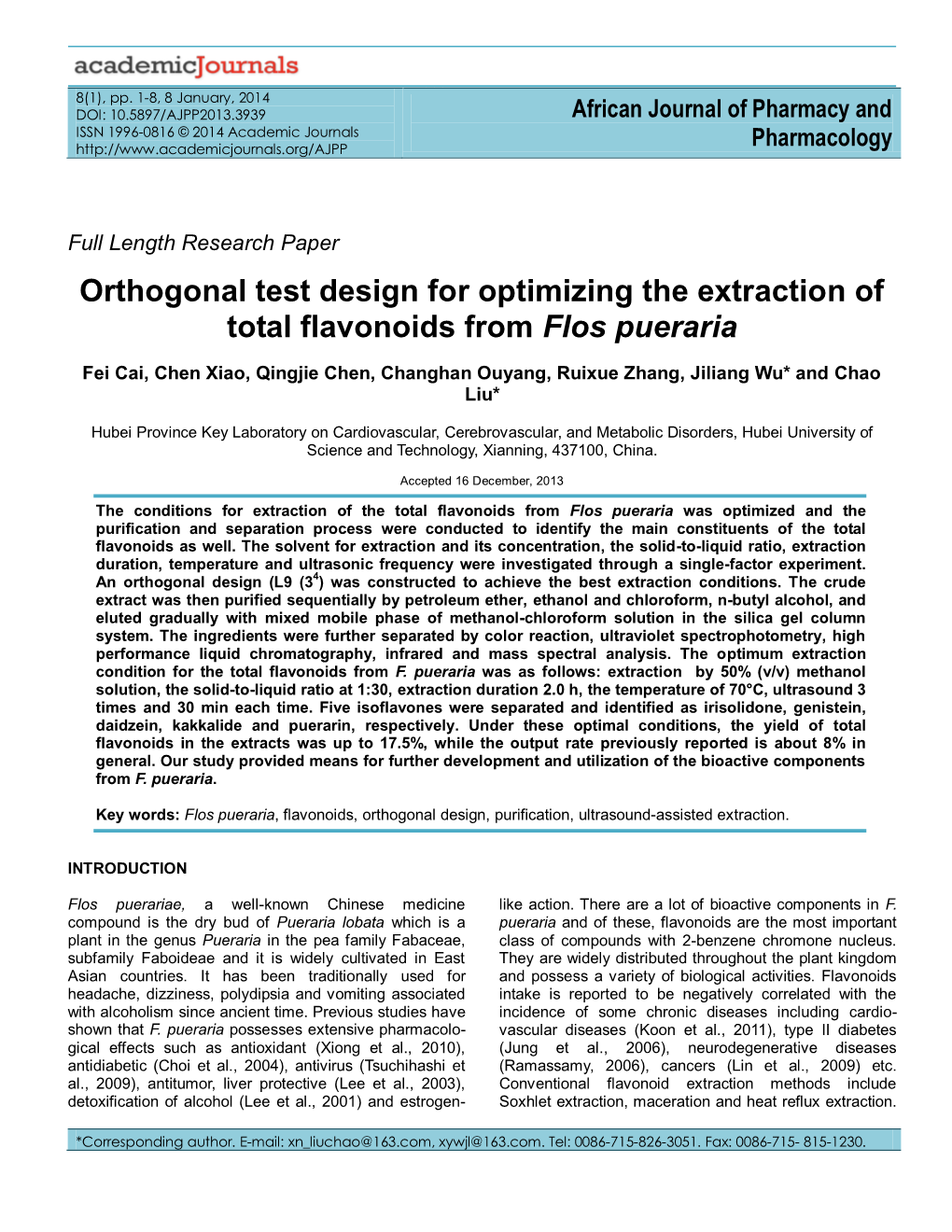 Orthogonal Test Design for Optimizing the Extraction of Total Flavonoids from Flos Pueraria