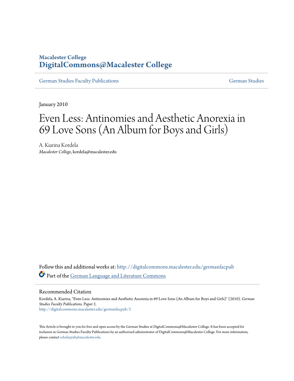 Antinomies and Aesthetic Anorexia in 69 Love Sons (An Album for Boys and Girls) A