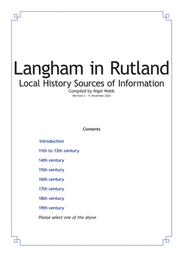 Sources of Langham Local History Information 11Th C &gt; 19Th C