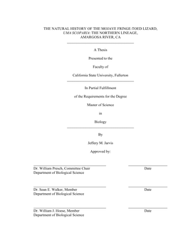 The Natural History of the Mojave Fringe-Toed Lizard, Uma Scoparia: the Northern Lineage, Amargosa River, Ca ______