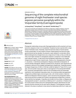 Sequencing of the Complete Mitochondrial Genomes of Eight Freshwater Snail Species Exposes Pervasive Paraphyly Within the Viviparidae Family (Caenogastropoda)