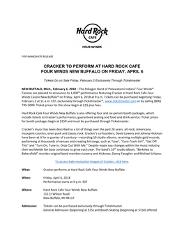 Cracker to Perform at Hard Rock Cafe Four Winds New Buffalo on Friday, April 6