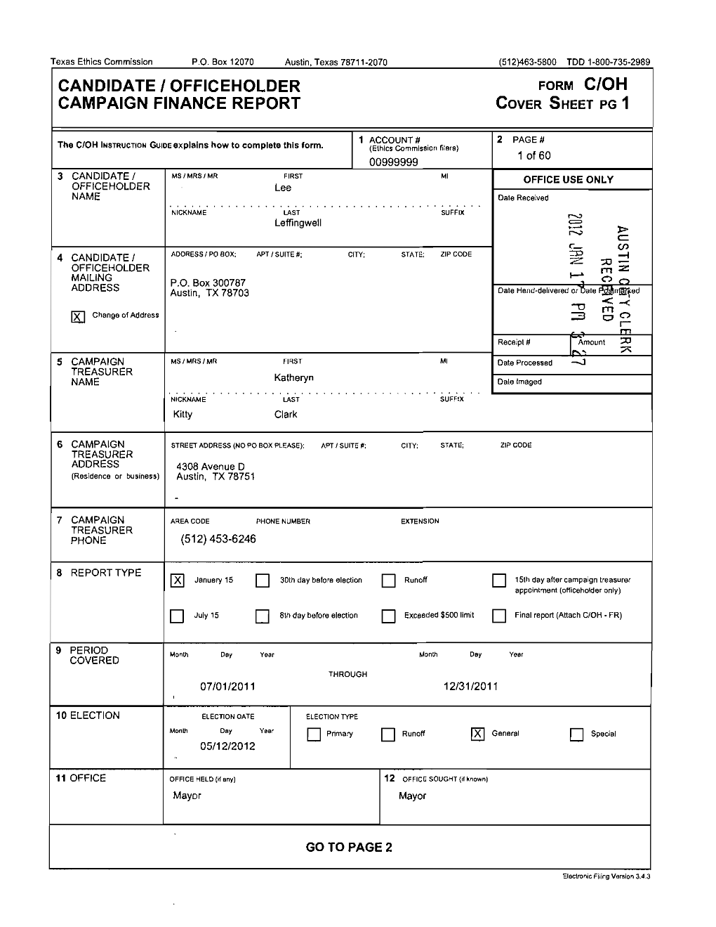 Leffingwell, S. Lee: 2012 Candidate/Officeholder Campaign