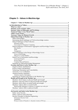 Chapter 3 – Values in Machine Age