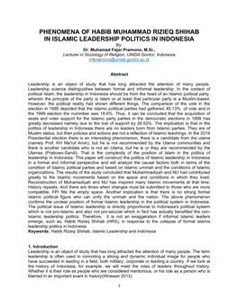 PHENOMENA of HABIB MUHAMMAD RIZIEQ SHIHAB in ISLAMIC LEADERSHIP POLITICS in INDONESIA By: Dr