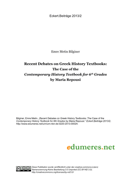 Emre Metin Bilginer Recent Debates on Greek History Textbooks: the Case of the Contemporary History Textbook for 6Th Grades by Maria Repousi