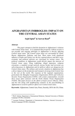 Afghanistan Imbroglio: Impact on the Central Asian States