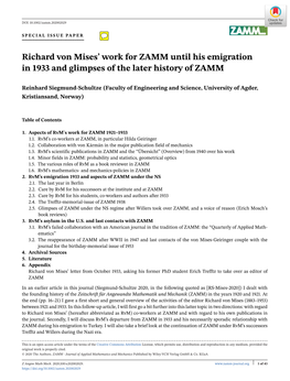 Richard Von Mises' Work for ZAMM Until His Emigration in 1933 And