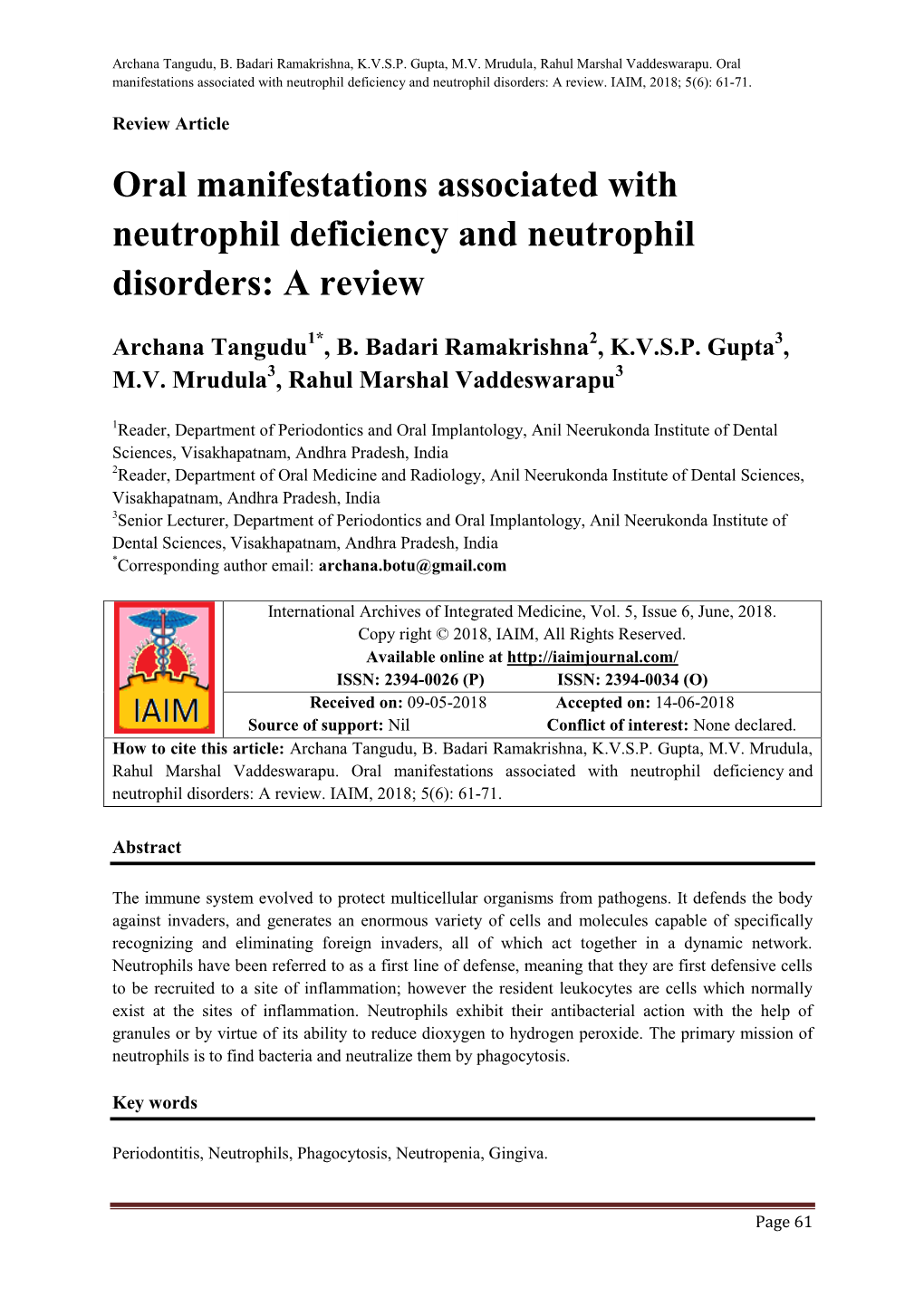 Oral Manifestations Associated with Neutrophil Deficiency and Neutrophil Disorders: a Review