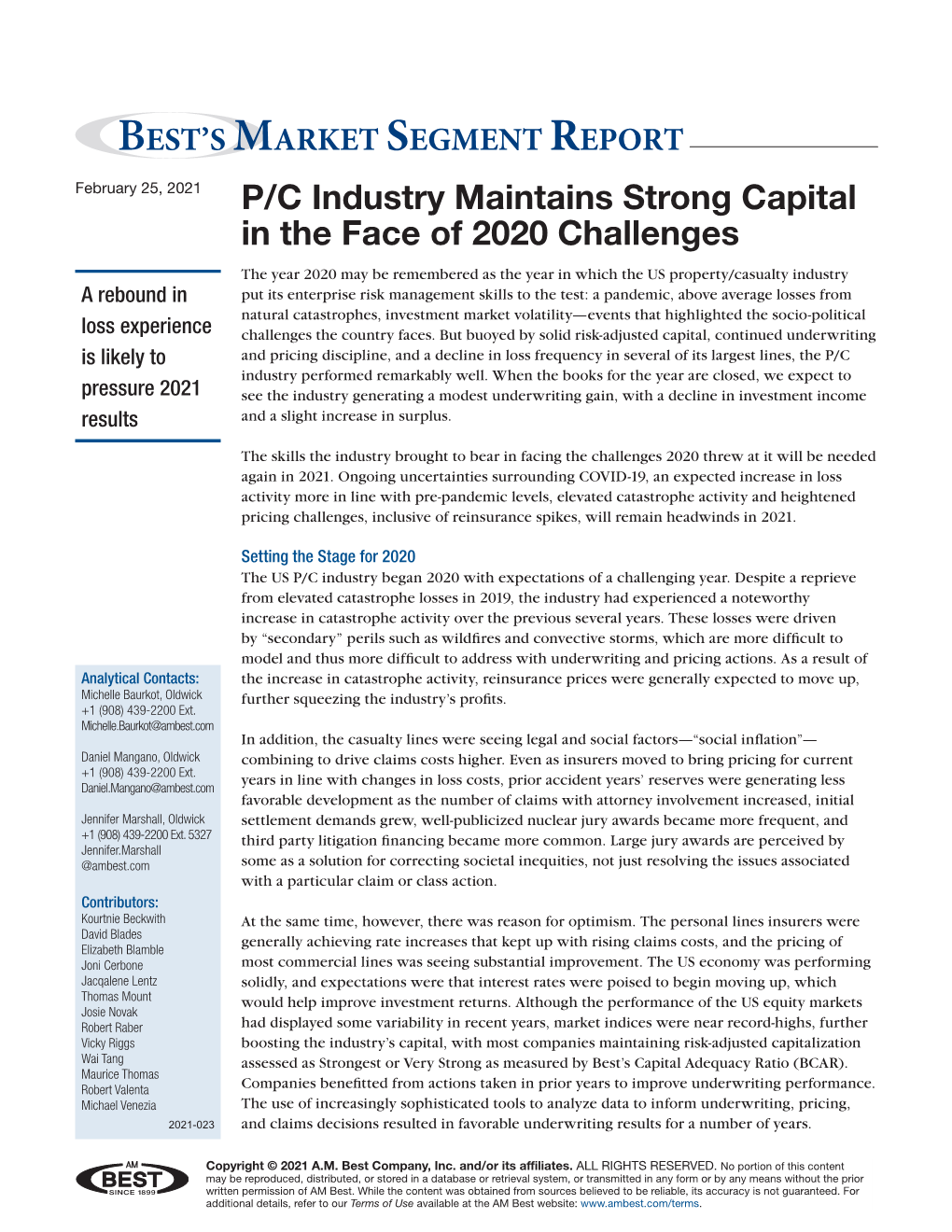 P/C Industry Maintains Strong Capital in the Face of 2020 Challenges