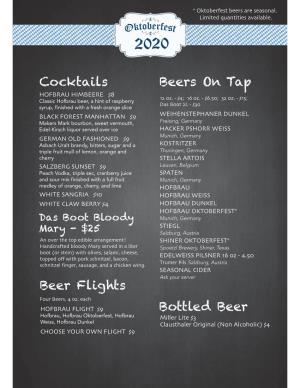 Cocktails Beers on Tap Bottled Beer Beer Flights