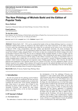 The New Philology of Michele Barbi and the Edition of Popular Texts