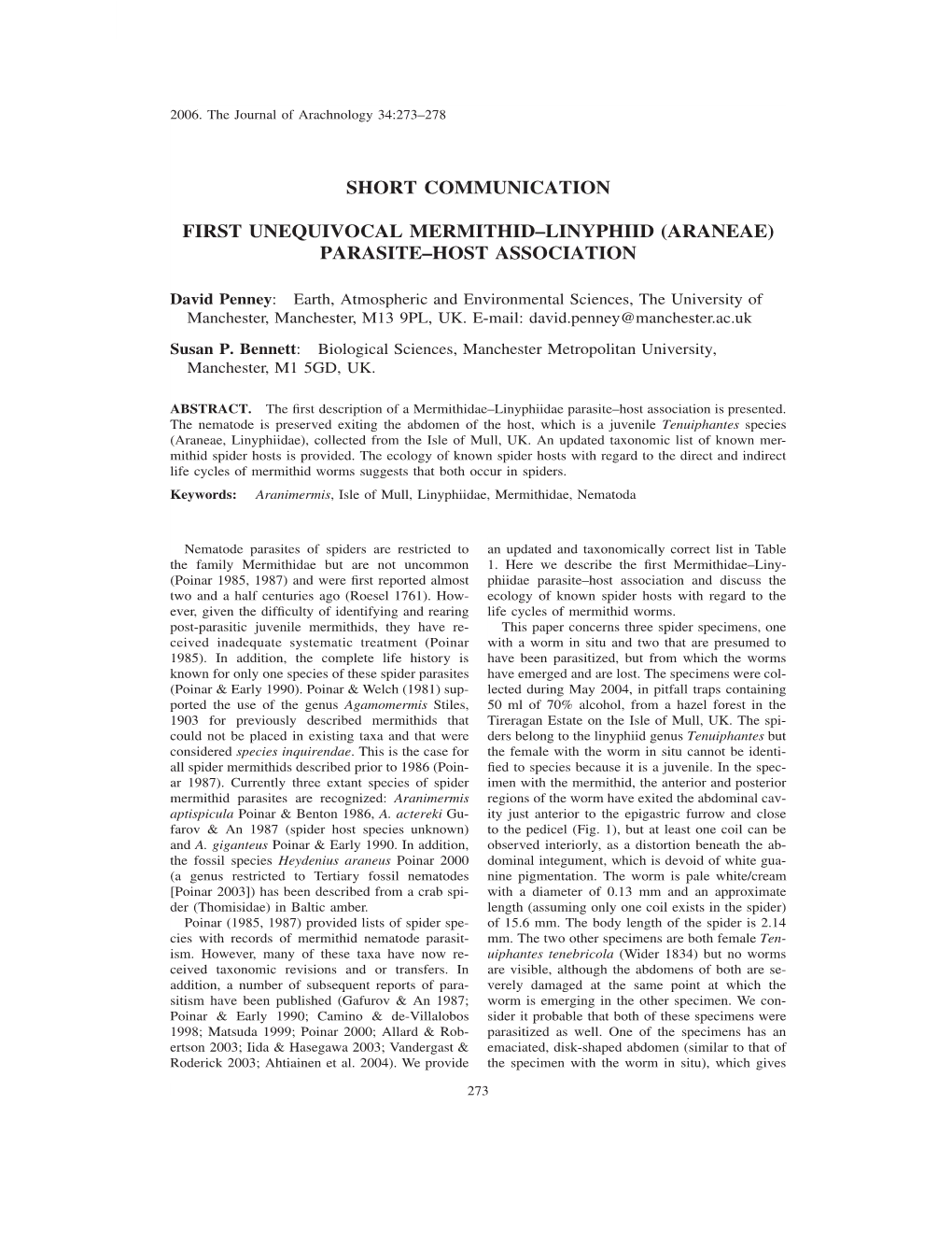 Araneae) Parasite–Host Association