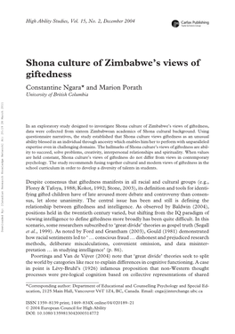 Shona Culture of Zimbabwe's Views of Giftedness