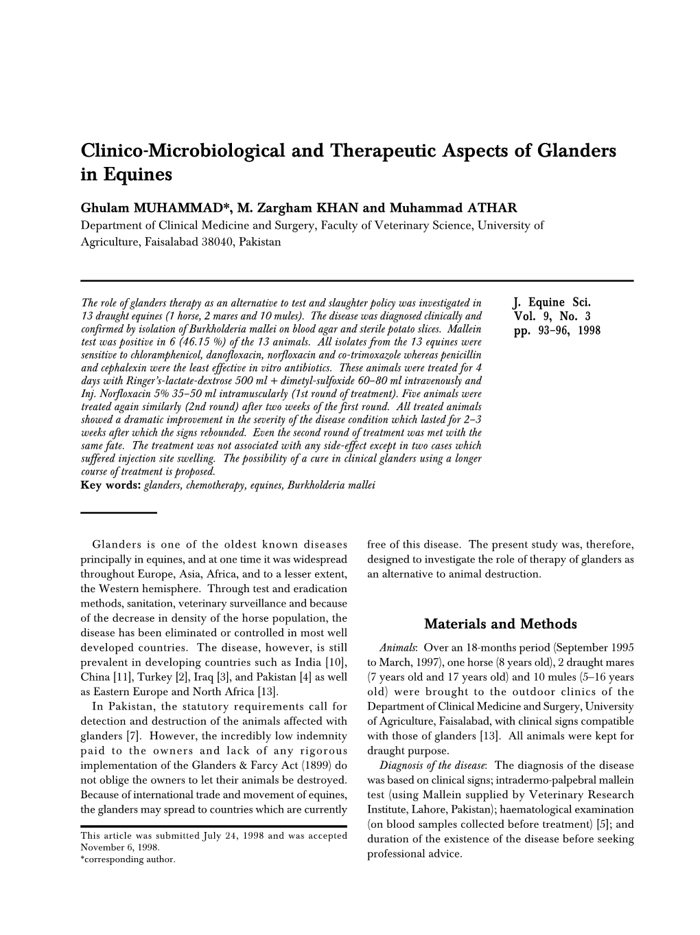 Clinico-Microbiological and Therapeutic Aspects of Glanders in Equines