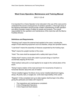 West Crane Operation, Maintenance and Training Manual