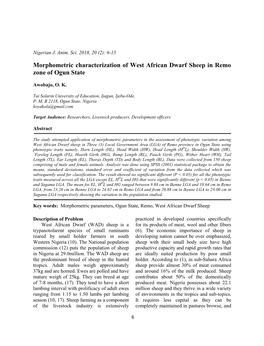Morphometric Characterization of West African Dwarf Sheep in Remo Zone of Ogun State
