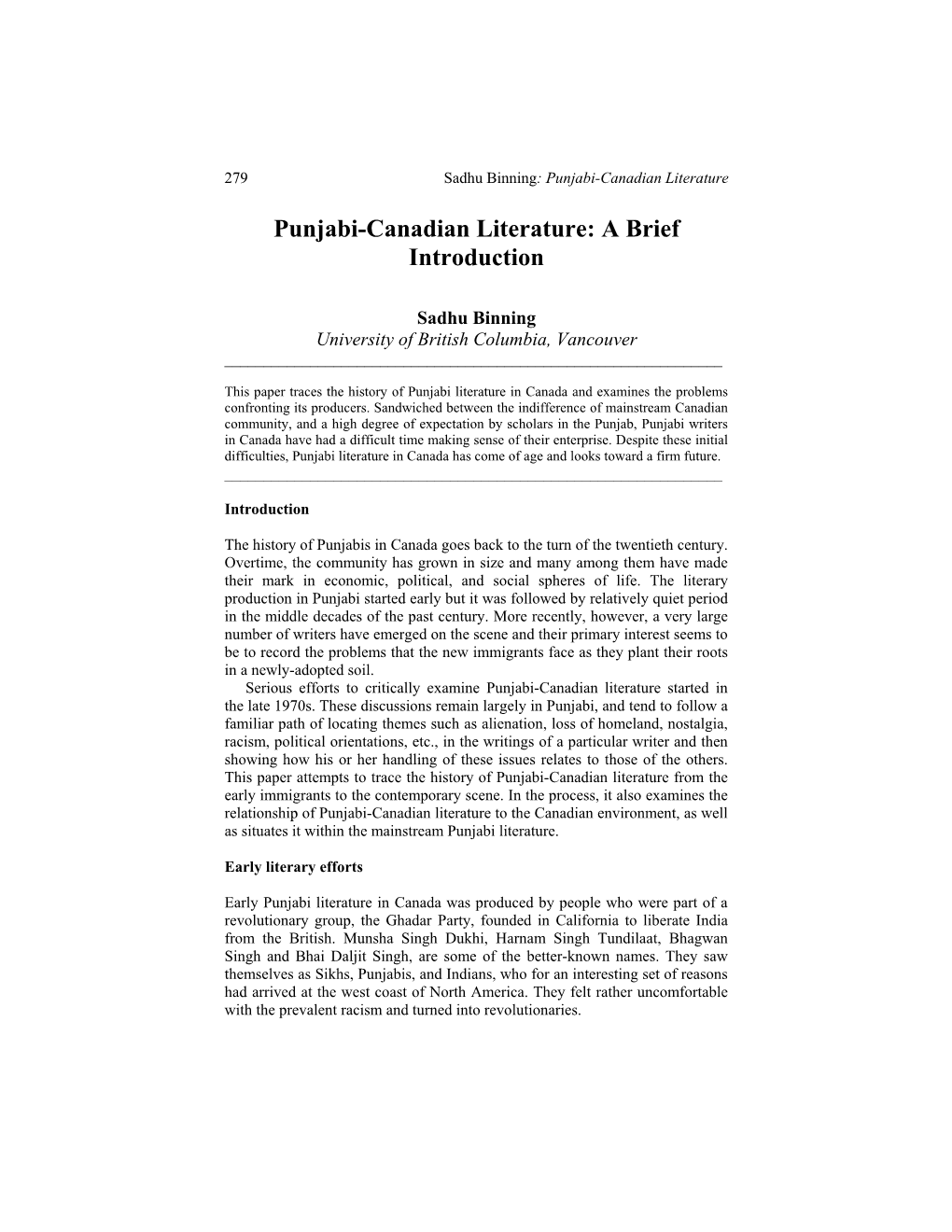 Punjabi-Canadian Literature: a Brief Introduction