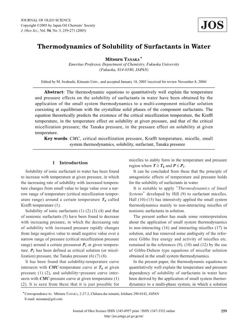 Thermodynamics of Solubility of Surfactants in Water