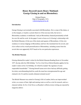 Henry Ryecroft Meets Henry Maitland: George Gissing in and on Bloomsbury