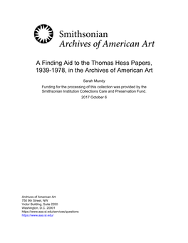 A Finding Aid to the Thomas Hess Papers, 1939-1978, in the Archives of American Art