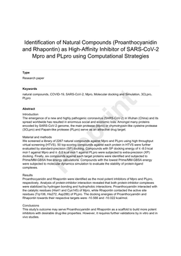 Identification of Natural Compounds (Proanthocyanidin and Rhapontin) As High-Affinity Inhibitor of SARS-Cov-2 Mpro and Plpro Using Computational Strategies