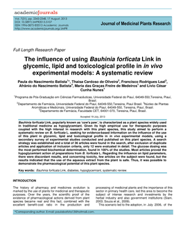 The Influence of Using Bauhinia Forficata Link in Glycemic, Lipid and Toxicological Profile in in Vivo Experimental Models: a Systematic Review