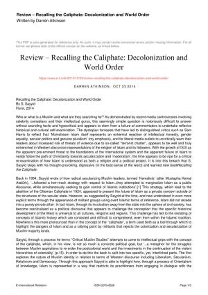 Review – Recalling the Caliphate: Decolonization and World Order Written by Darren Atkinson