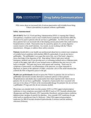 FDA Warns About an Increased Risk of Serious Pancreatitis with Irritable Bowel Drug Viberzi (Eluxadoline) in Patients Without a Gallbladder