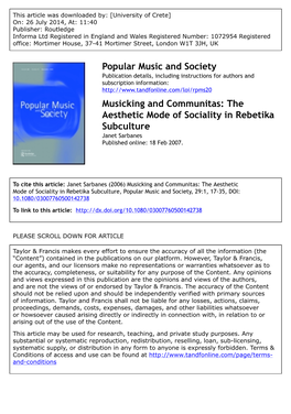 The Aesthetic Mode of Sociality in Rebetika Subculture Janet Sarbanes Published Online: 18 Feb 2007