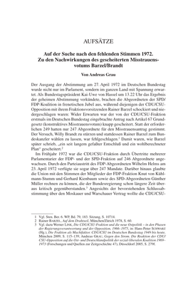 Auf Der Suche Nach Den Fehlenden Stimmen 1972. Zu Den Nachwirkungen Des Gescheiterten Misstrauens- Votums Barzel/Brandt