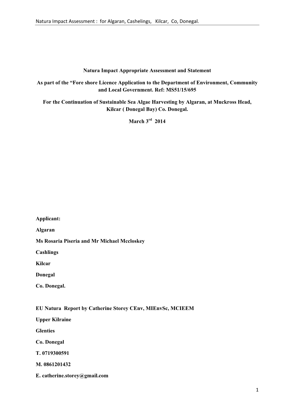 Natura Impact Assessment : for Algaran, Cashelings, Kilcar, Co, Donegal