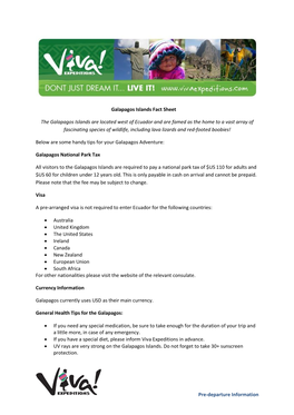 Pre-Departure Information Galapagos Islands Fact Sheet the Galapagos Islands Are Located West of Ecuador and Are Famed As the Ho