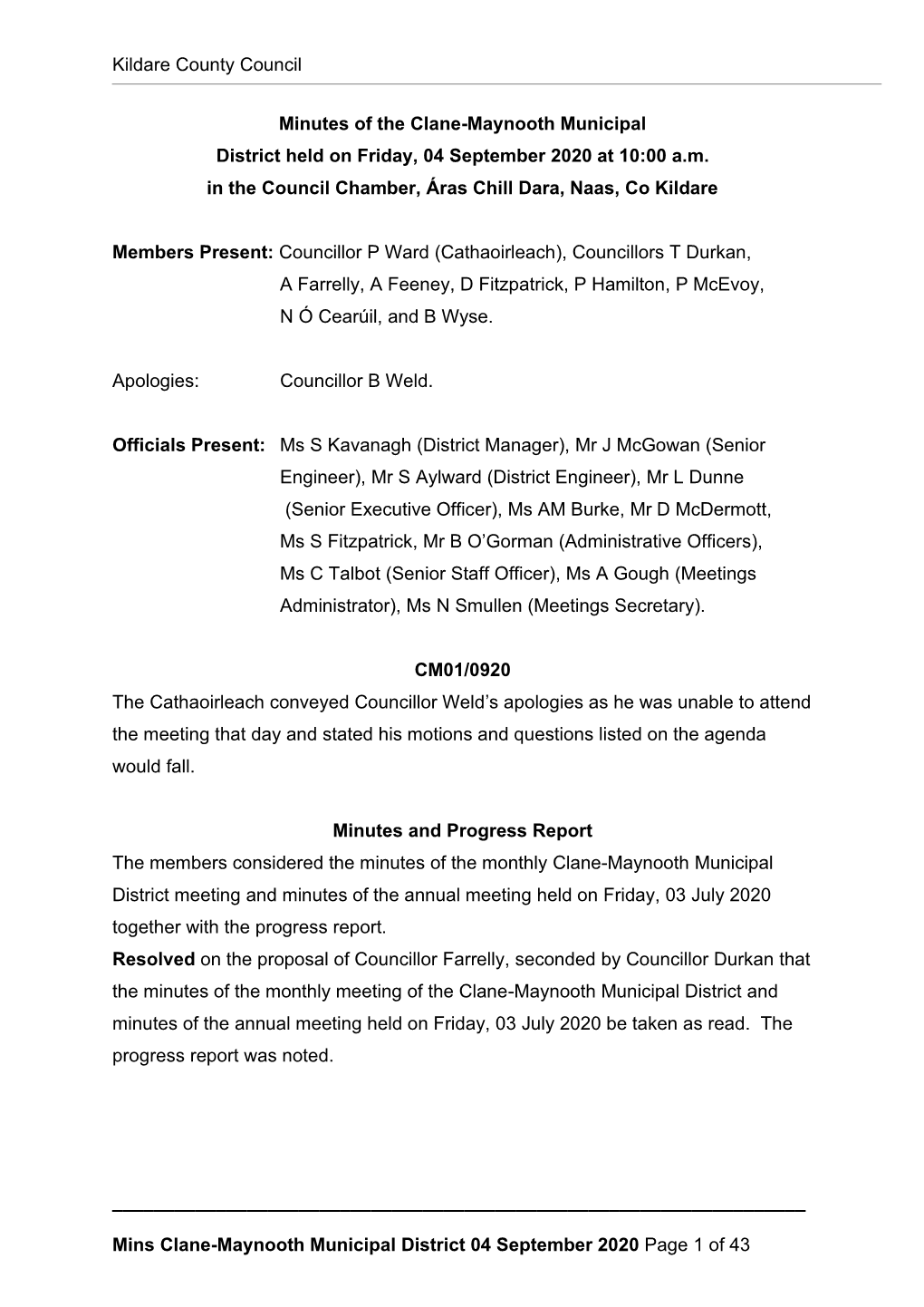 Mins Clane-Maynooth Municipal District 04 September 2020 Page 1 of 43 Kildare County Council