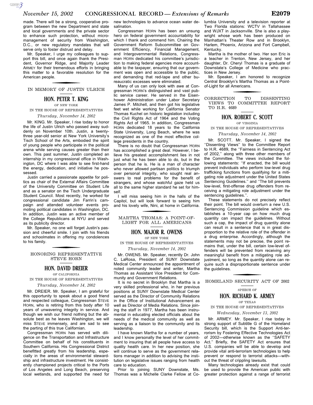 CONGRESSIONAL RECORD— Extensions of Remarks E2079 HON. PETER T. KING HON. DAVID DREIER HON. MAJOR R. OWENS HON. ROBERT C. SCOT