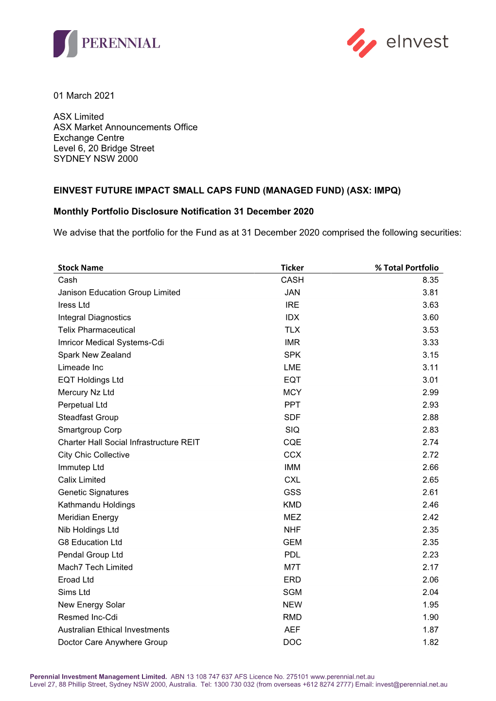 01 March 2021 ASX Limited ASX Market Announcements Office