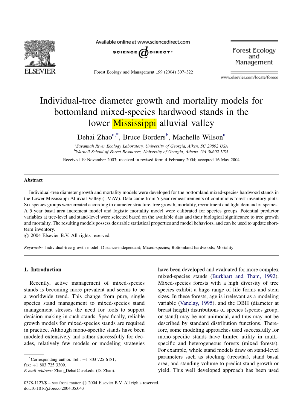 Individual-Tree Diameter Growth and Mortality Models for Bottomland