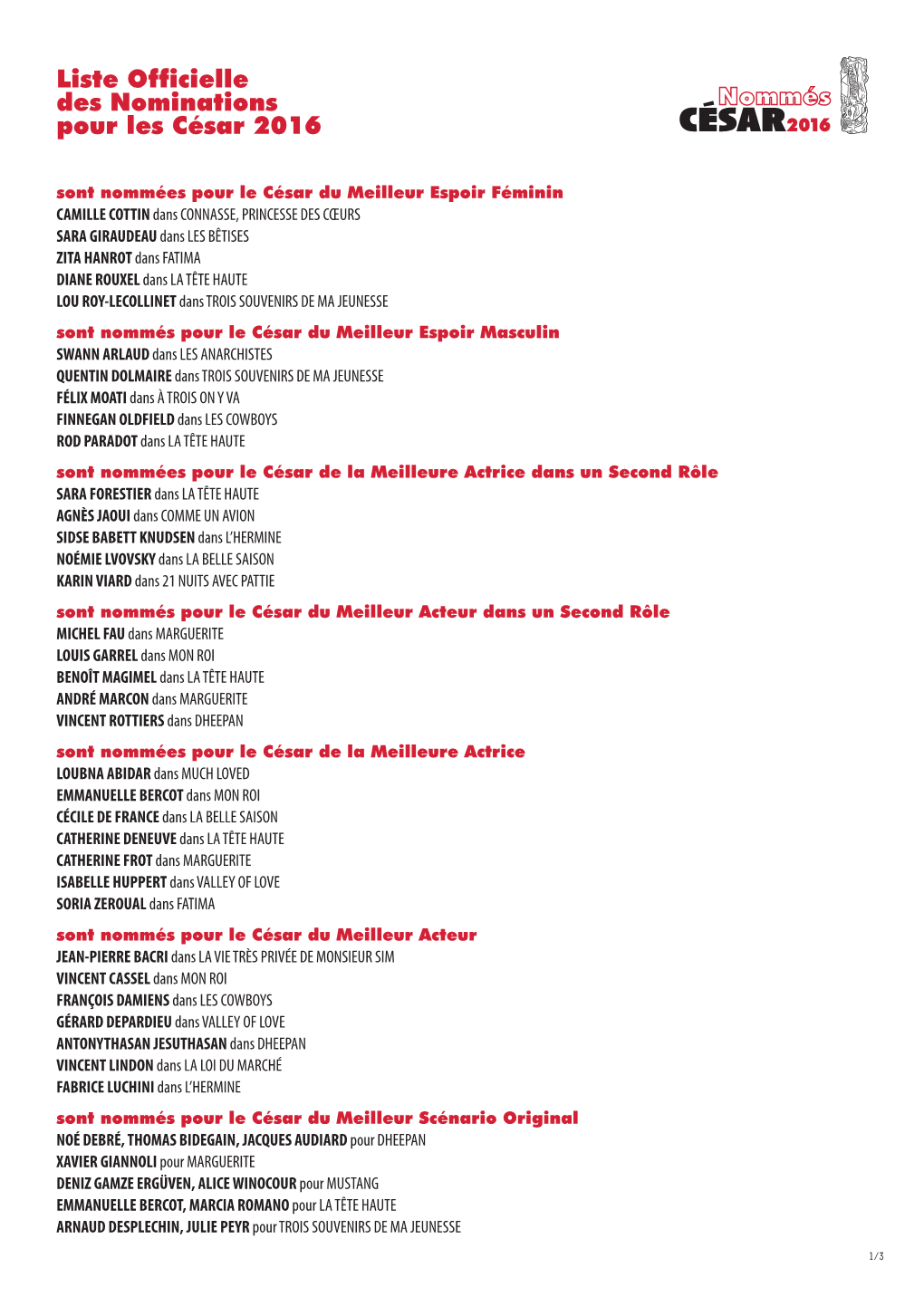 Liste Officielle Des Nominations Pour Les César 2016