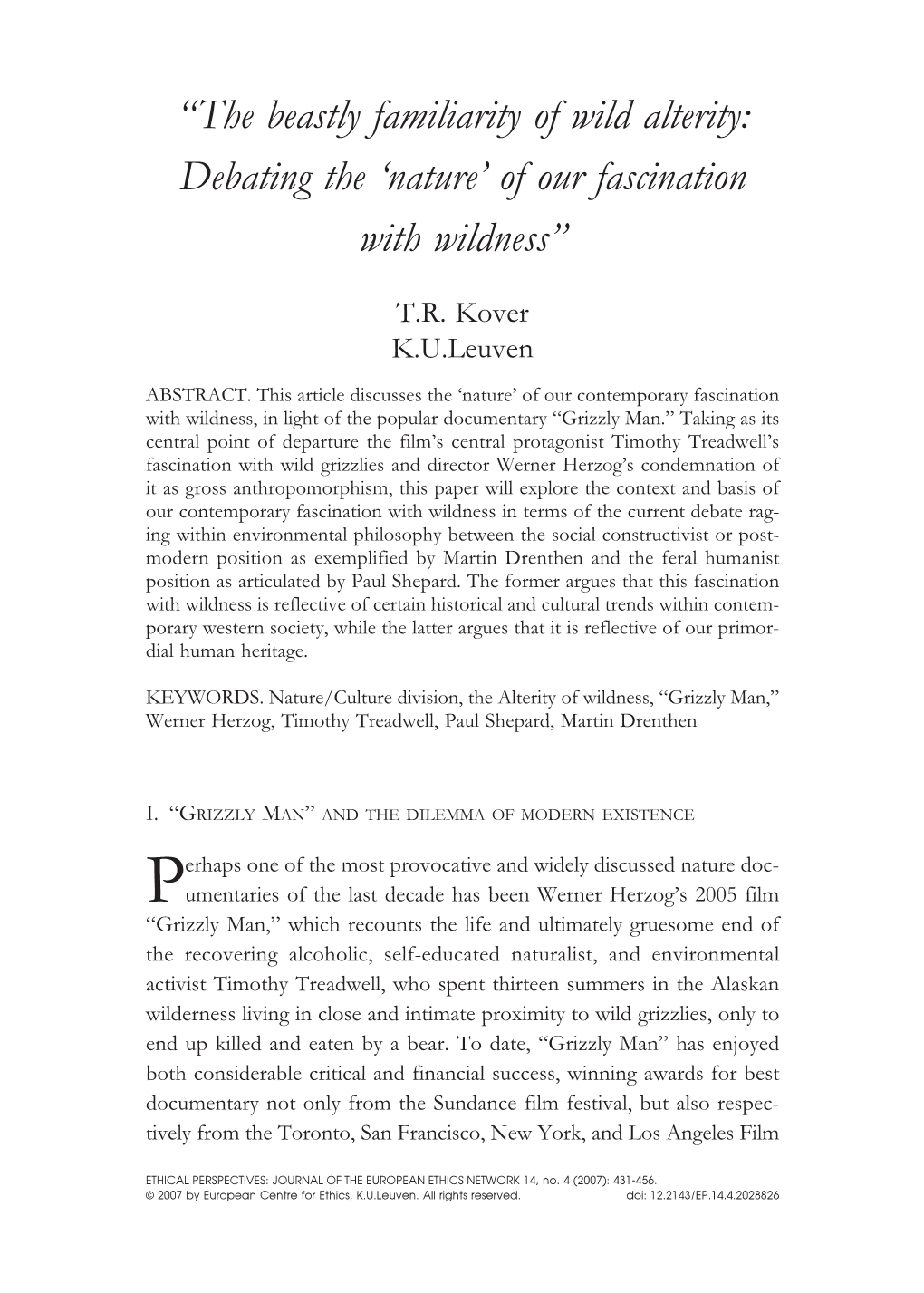 The Beastly Familiarity of Wild Alterity: Debating the ‘Nature’ of Our Fascination with Wildness”