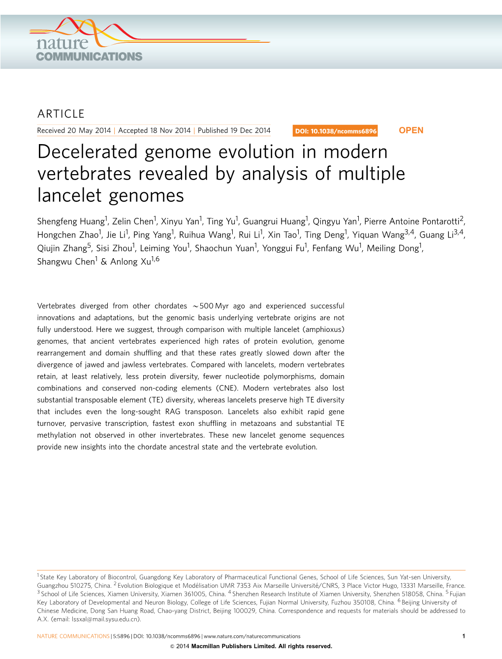 Decelerated Genome Evolution in Modern Vertebrates Revealed by Analysis of Multiple Lancelet Genomes