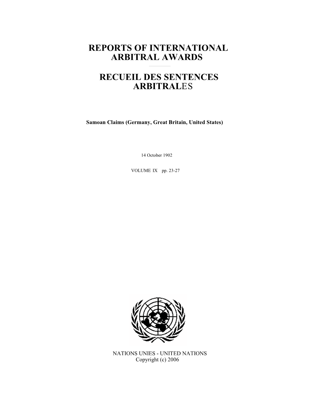 Samoan Claims (Germany, Great Britain, United States): Decision, 14 October 1902