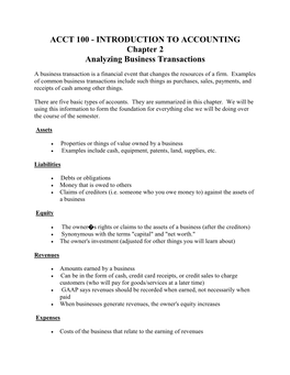 ACCT 100 - INTRODUCTION to ACCOUNTING Chapter 2 Analyzing Business Transactions