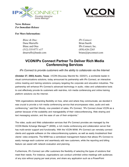 VCON/Ipx Connect Partner to Deliver Rich Media Conferencing Services