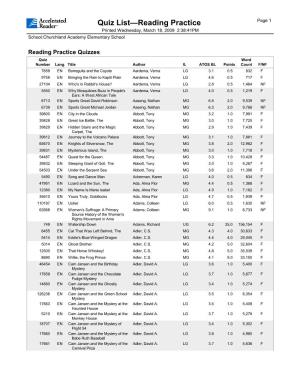 Quiz List—Reading Practice Page 1 Printed Wednesday, March 18, 2009 2:38:41PM School: Churchland Academy Elementary School
