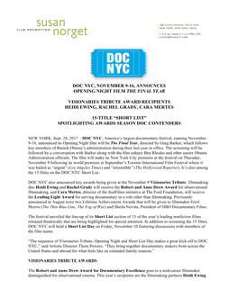 Doc Nyc, November 9-16, Announces Opening Night Film the Final Year