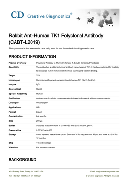 Rabbit Anti-Human TK1 Polyclonal Antibody (CABT-L2019) This Product Is for Research Use Only and Is Not Intended for Diagnostic Use