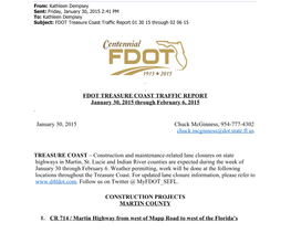 FDOT TREASURE COAST TRAFFIC REPORT January 30, 2015 Through February 6, 2015